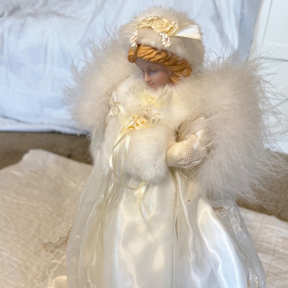Vintage Porcelain Angel Christmas Tree Topper White Satin Faux Fur Feather Wings